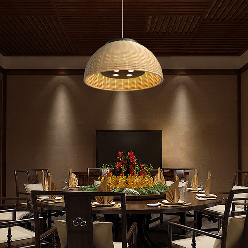 饭店包厢吊灯带射灯中式火锅店湘菜馆日式餐厅包间东南亚藤编灯具