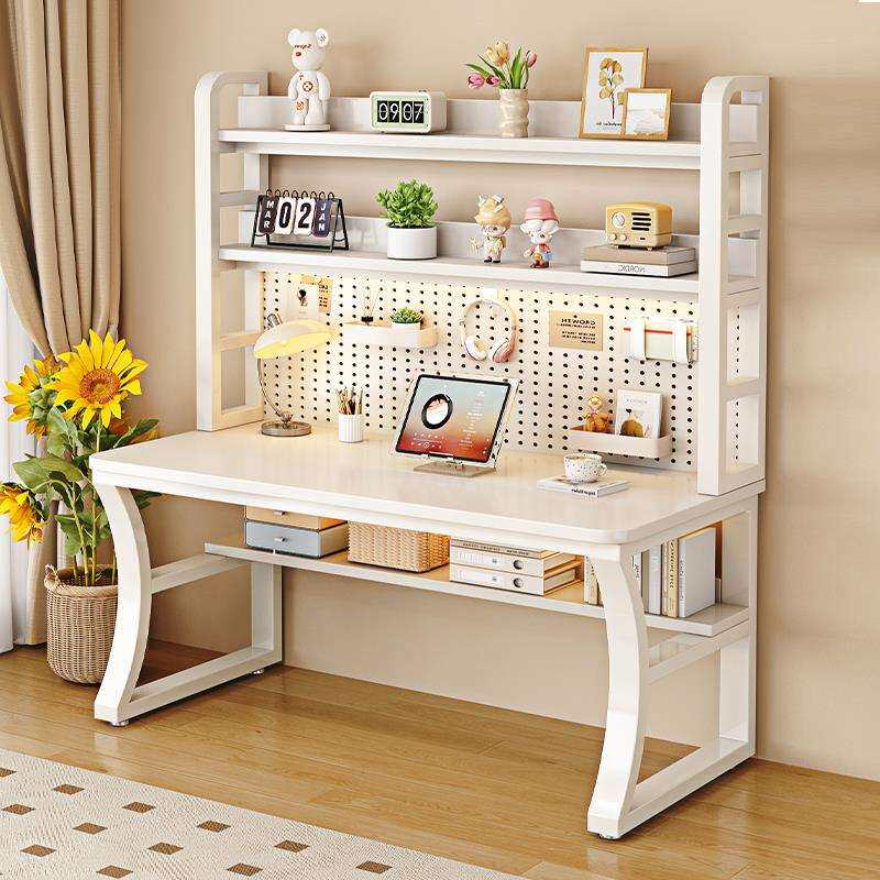 实木电脑桌家用办公桌卧室学生学习桌书桌书架一体带洞洞板电竞桌