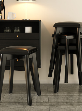 软包凳子客厅方凳家用不占地方的凳子实木餐凳梳妆凳轻奢板凳黑色