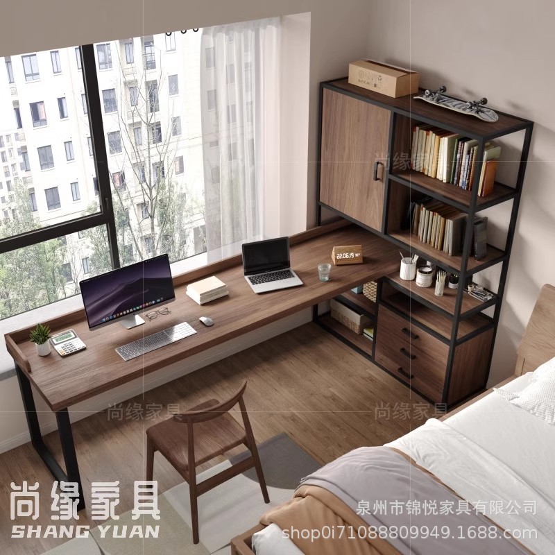 北欧实木L型拐角书桌书架一体家用电脑桌墙角卧室转角办公桌组合