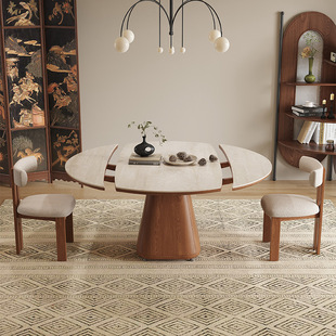 实木方变圆两用洞石岩板伸缩餐桌现代简约家用小户型可折叠餐桌椅