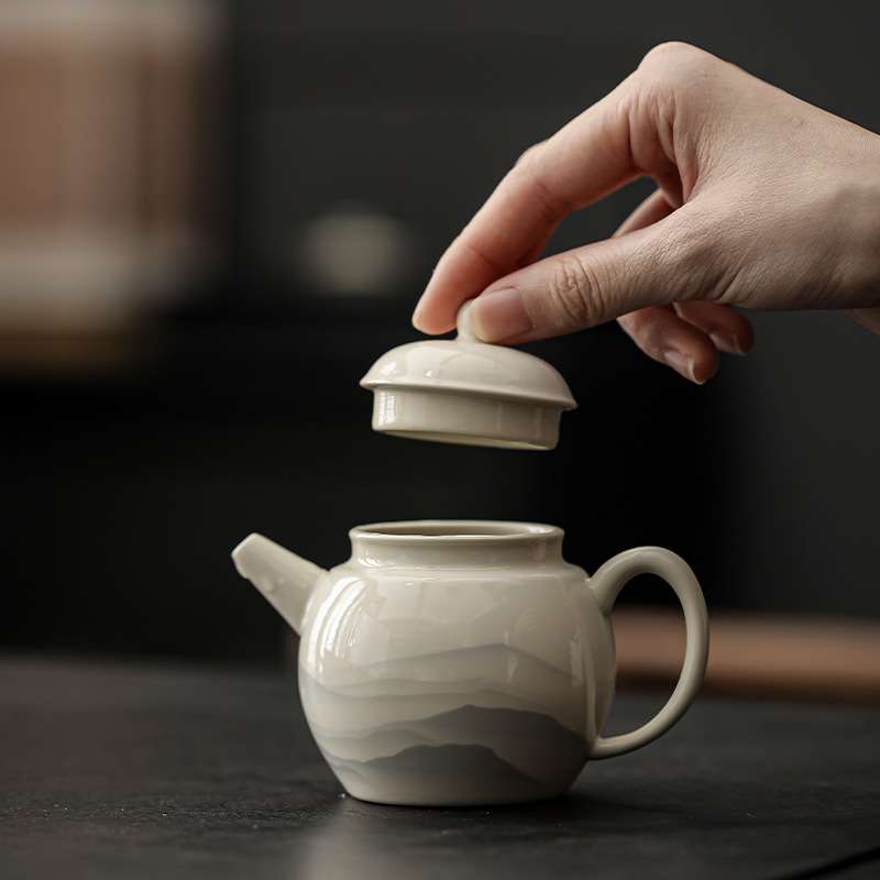 叄间草木灰水墨江山单人用茶壶球孔过滤功夫泡茶壶家用陶瓷壶