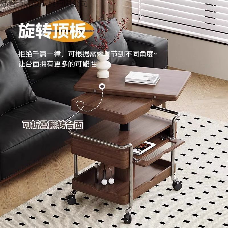 实木多功能边几小户型可折叠茶几可移动小桌子带轮家用收纳小推车