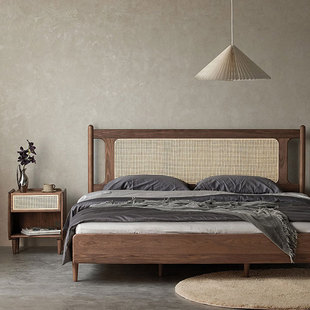 北欧黑胡桃木床藤编日式原木樱桃木卧室双人床现代简约实木家具