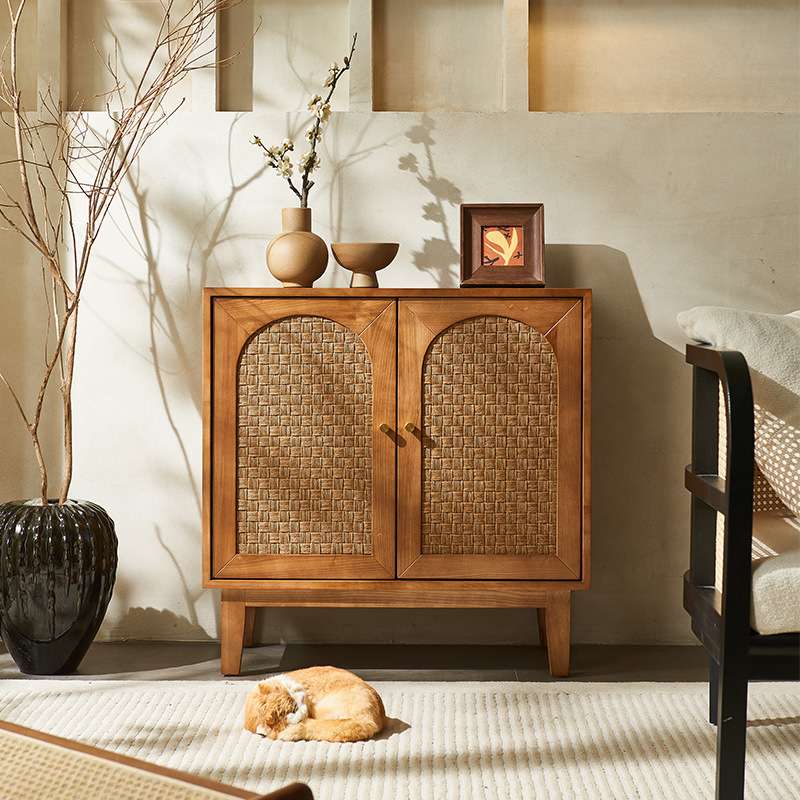 北欧实木餐边柜简约现代客厅茶水柜储物柜日式藤编玄关柜电视柜