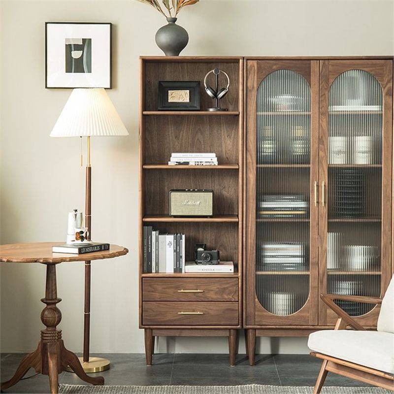 北欧黑胡桃木书柜储物柜全实木书架现代简约客厅玻璃门展示柜边柜