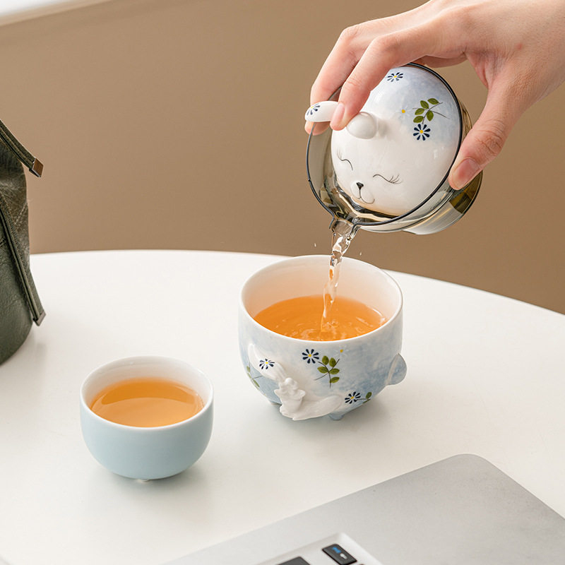 长耳兔手绘陶瓷快客杯一壶二杯便携式旅行茶具户外露营泡茶壶茶杯