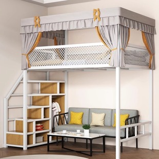 复式二楼床阁楼现代简约双层铁架儿童半高架床低上铺床悬下桌空