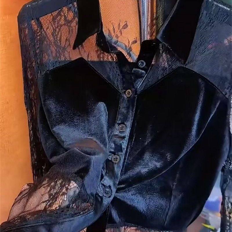 性感秋季新款百搭网红爆款减龄蕾丝拼接丝绒设计女士打底衫上衣潮,女装/女士精品,真丝上装,淘宝优惠券,粉丝福利购,淘宝优惠卷