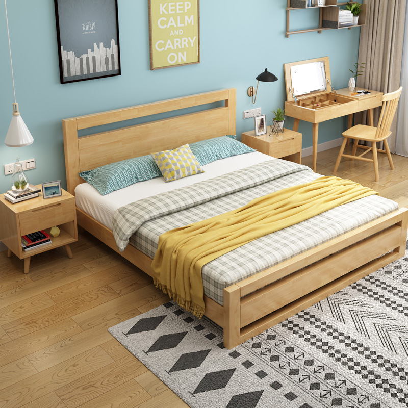 北欧实木床卧室橡胶木1.5米单人床简约1.8米软硬靠主卧双人床低箱