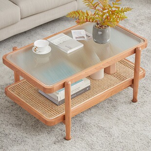 轻奢实木小户型客厅长方形茶几 北欧沙发边几创意藤编矮桌子