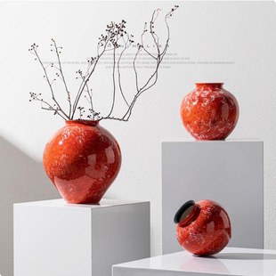 红色圆陶瓷花瓶现代新中式 饰 客厅插花摆件样板间民宿玄关高级感装