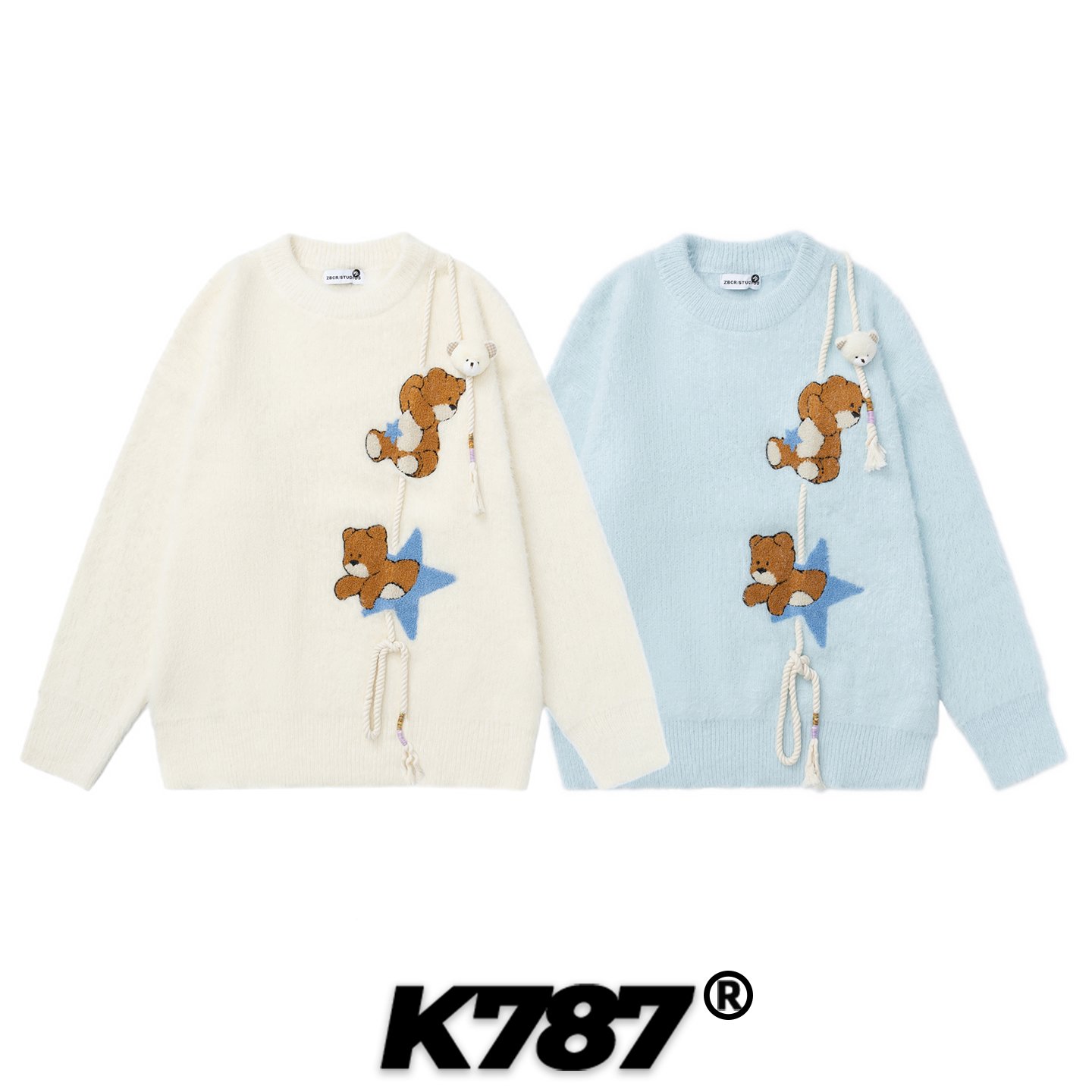 K787美式复古立体小熊圆领毛衣男女宽松刺绣休闲慵懒风情侣针织衫