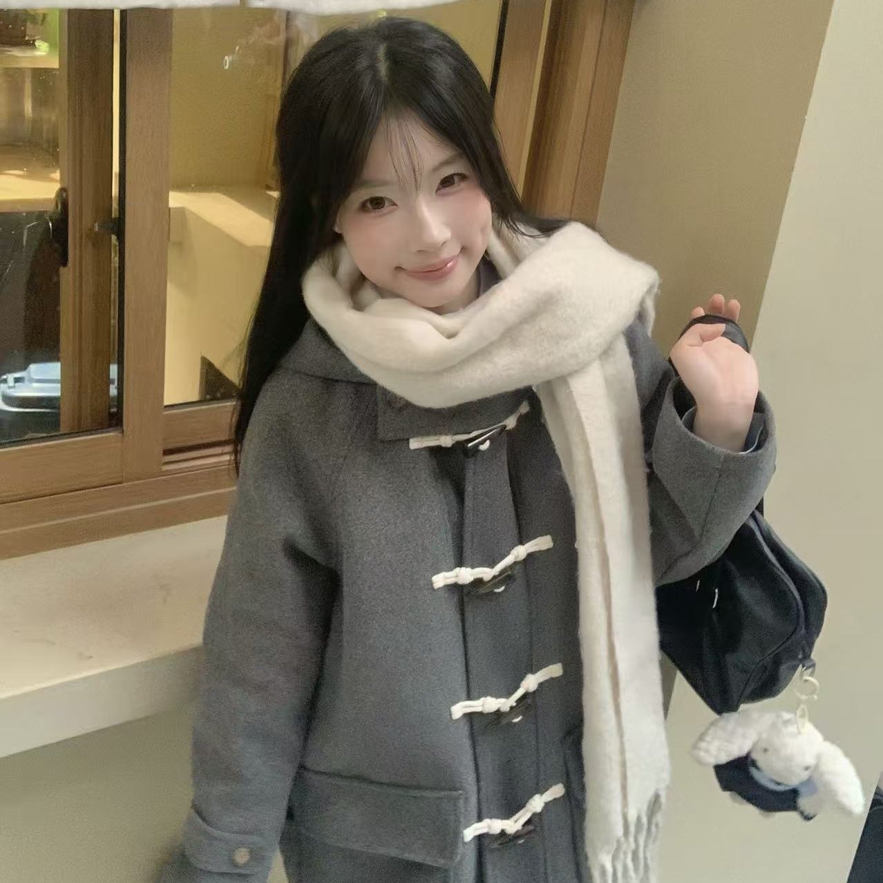 实拍牛角扣带帽毛呢大衣学院风JK制服感夹棉加厚中长款小个子