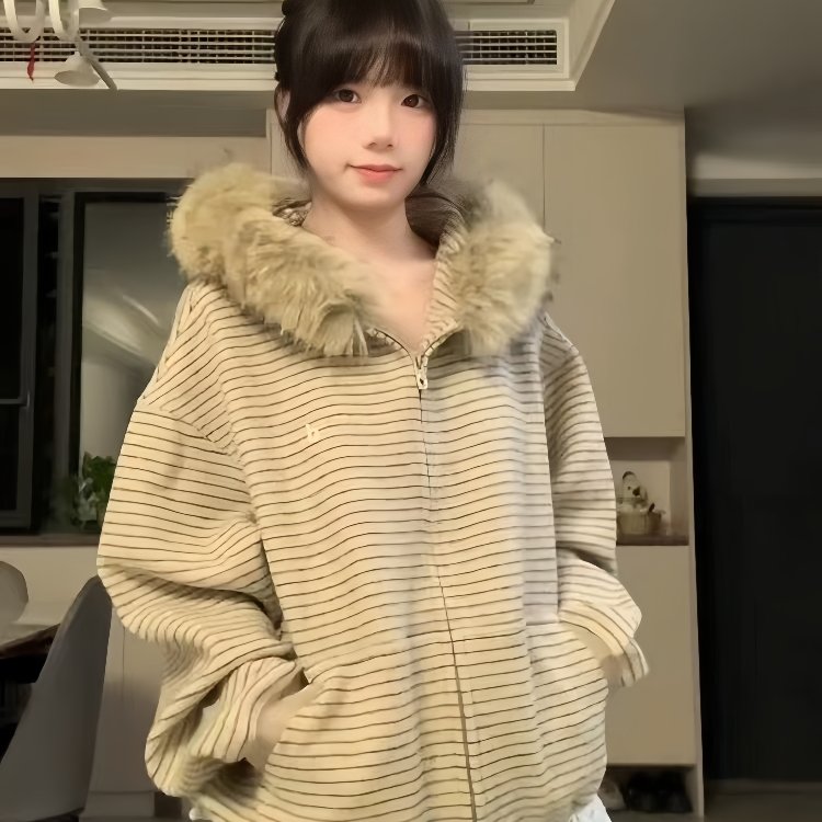 美式复古条纹连帽毛领上衣外套女秋冬设计感慵懒宽松厚款毛衣开衫