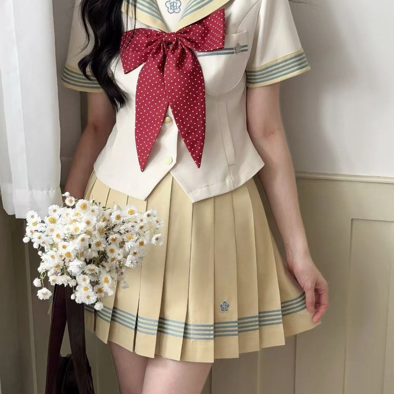 现货梗豆物语水玉夏服*日系水手领JK制服女套装a字裙显瘦学院风