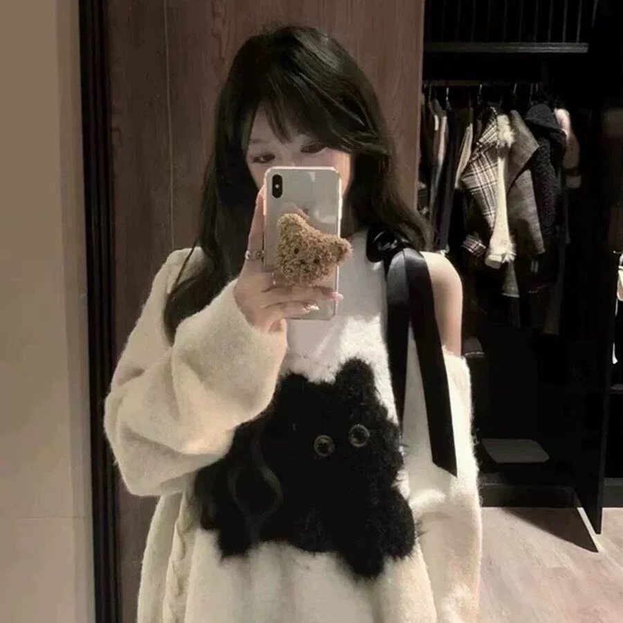 奶fufu露肩小猫毛衣女2024秋冬小众设计感宽松慵懒风针织衫上衣潮