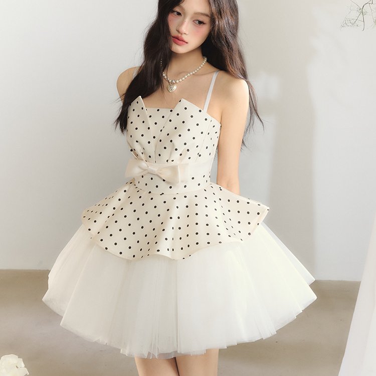 PUFFFOREVER“月光舞会”波点拼接网纱公主芭蕾风蓬蓬连衣裙女
