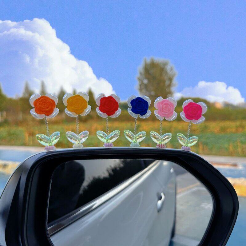 汽车中控台弹簧玫瑰花摆件电动车小摆件治愈系车载装饰品