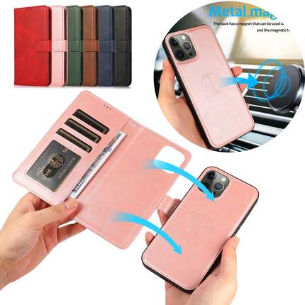 2 in 1 Magnetic Flip Leather Wallet Case for iPhone 14 15 Pr