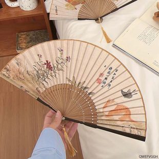 水墨日夏竹中国风汉服女古风扇随身旗袍扇 折扇子折叠扇舞蹈扇中式