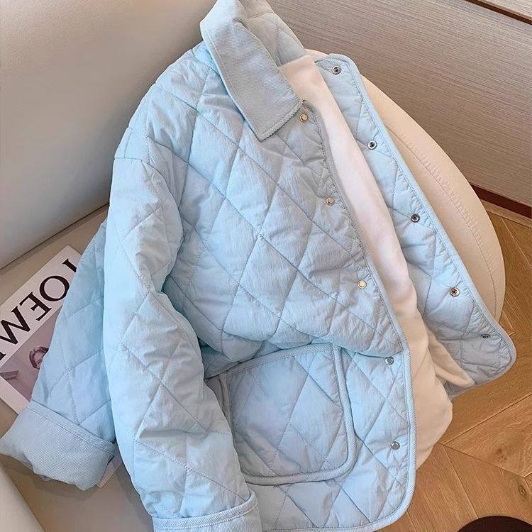 韩版慵懒风蓝色菱格翻领棉服外套男女秋冬高级感轻薄保暖宽松棉衣