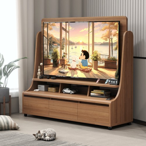 实木可移动电视机柜带轮收纳架