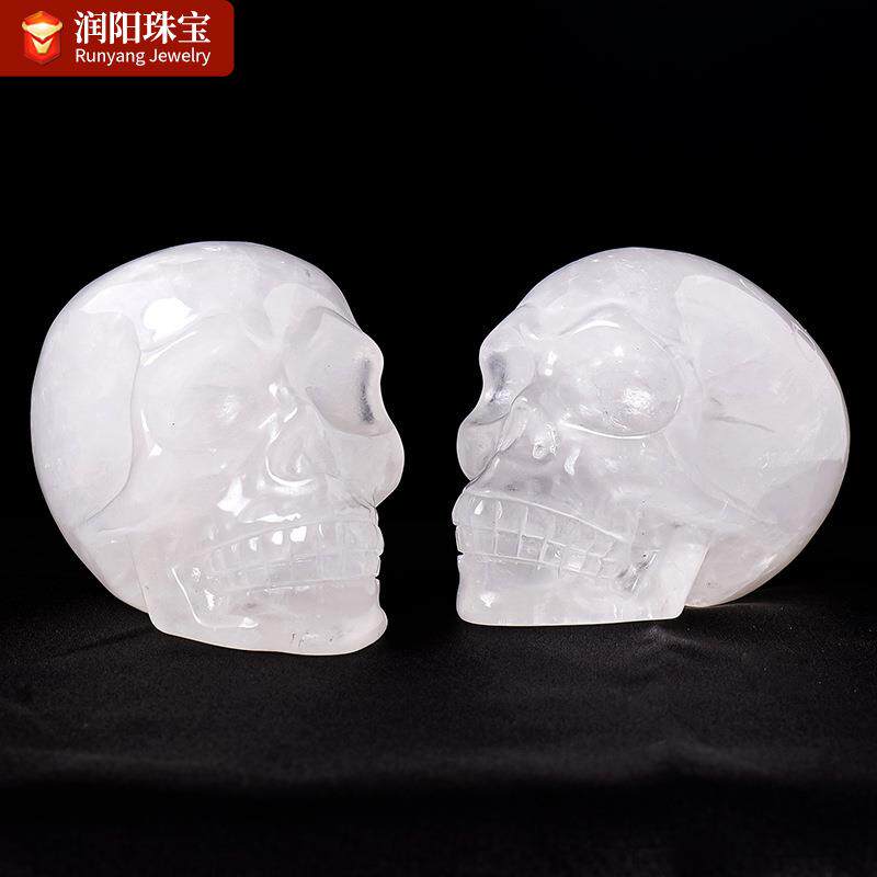 天然白水晶骷髅头骨摆件白水晶原石雕刻万圣节鬼头水晶工艺品摆件