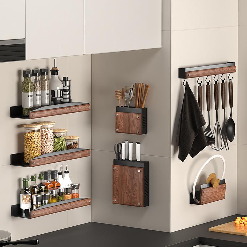 跨境厨房置物架壁挂中古风免打孔实木收纳太空铝胡桃木家居用品