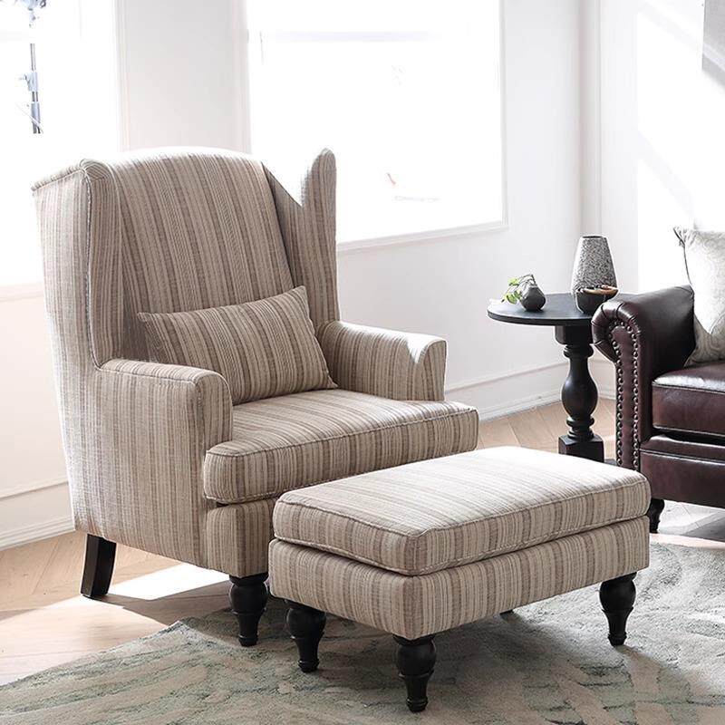 美式轻奢棉麻布艺老虎椅客厅条纹休闲椅实木阳台单人沙发椅脚凳y^
