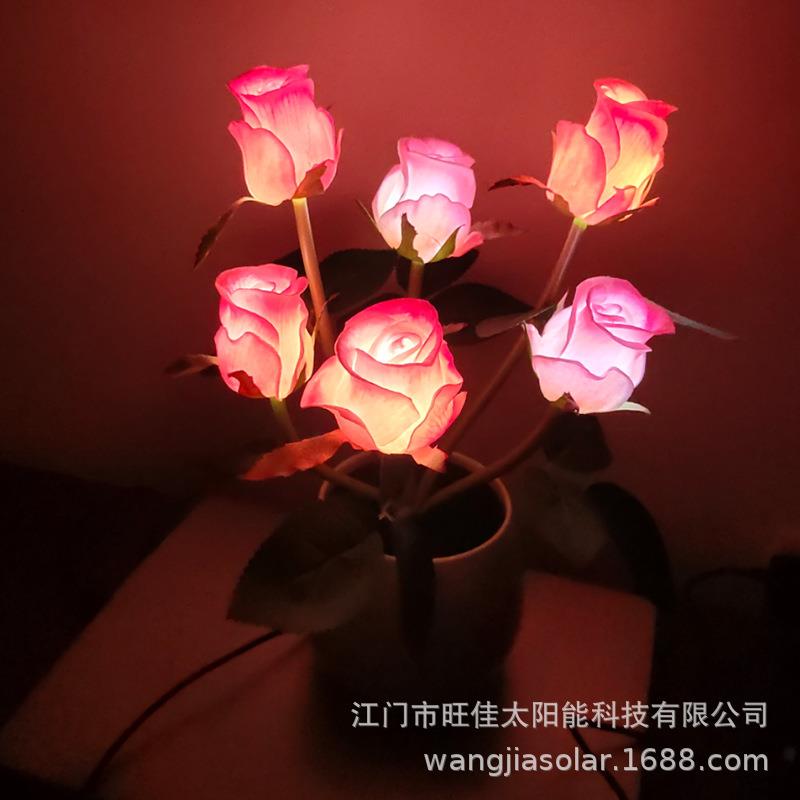 led玫瑰花盆灯仿真6头玫瑰花小夜灯家居摆件景观装饰台灯氛围灯