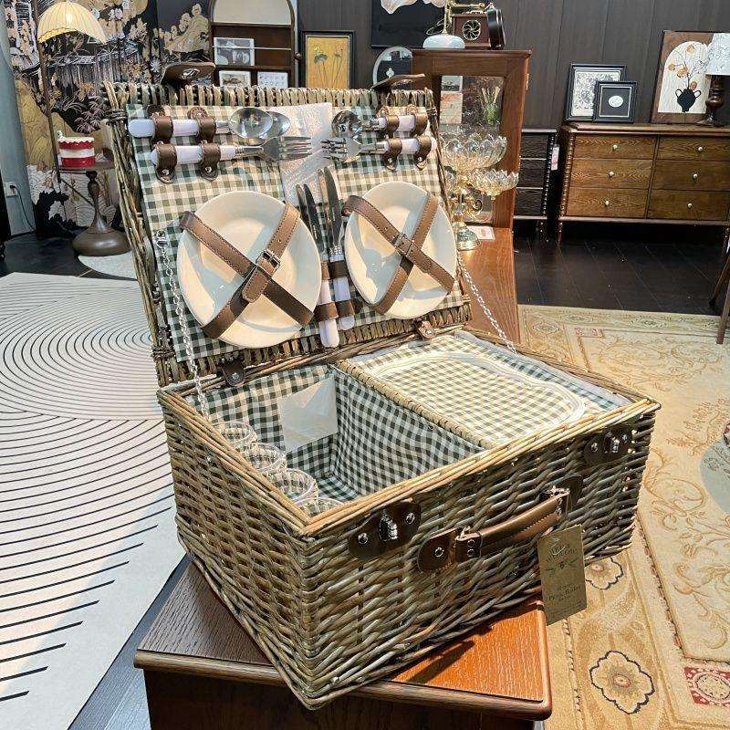 户外野餐手提篮露营编织日式野餐套装带盖篮保温水果户外便携餐具