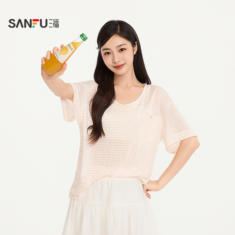 三福女夏季慵懒松弛感宽松短袖T恤 简约口袋单衣上衣527392