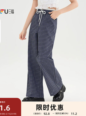 三福休闲裤2025夏季蕾丝花边拼接腰头格子宽松阔腿裤女装505040