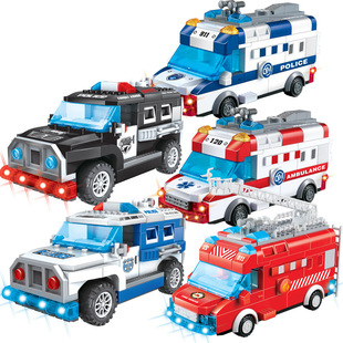 正品积木声光警车救护车益智城市消防车儿童智力拼装汽车玩具男女