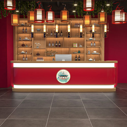 国潮风火锅店吧台餐厅饭店烧烤店收银台中国风会所茶楼棋牌室前台