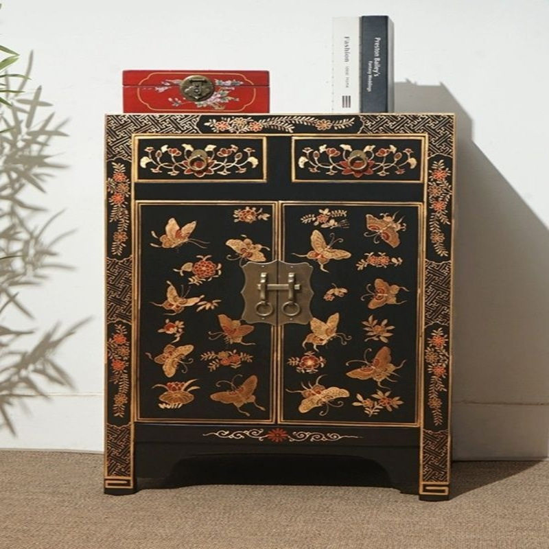 中式仿古做旧彩绘复古实木床头柜小型边柜家用轻奢鞋柜储物柜现货