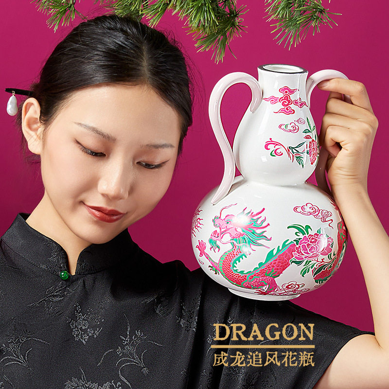 新中式复古陶瓷装饰鲜花水培龙纹花瓶瓷器家居现代轻奢摆件青花瓷