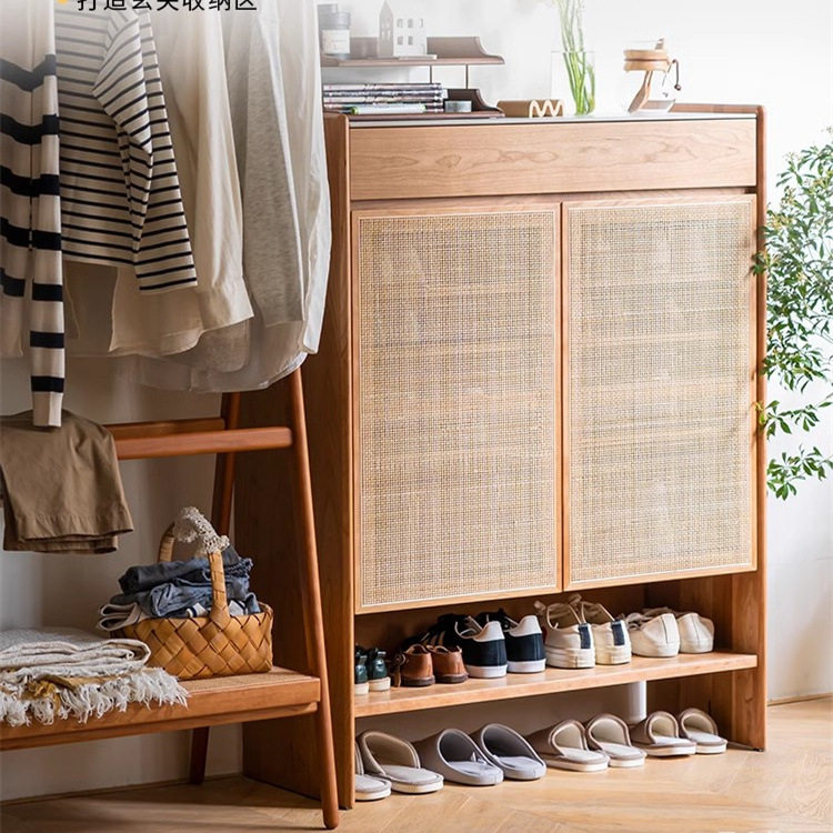 浩益佳家具跳跳鞋柜第2代 实木藤编玄关柜日式复古收纳门厅小户型