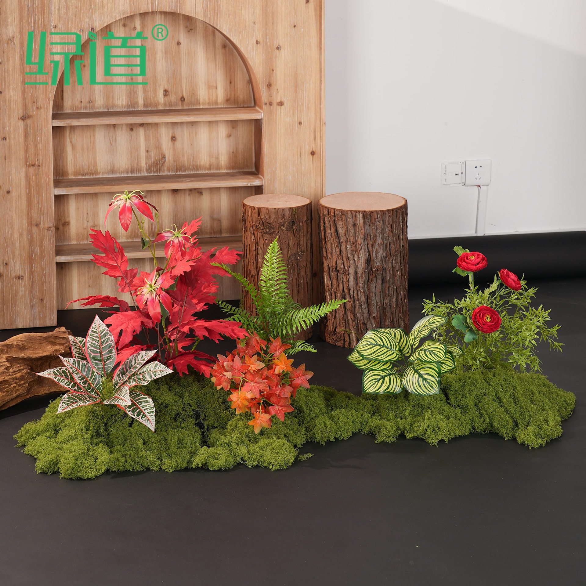 仿真花植物造景仿生苔藓微景观室内商场轻奢高端橱窗装饰喜庆红色