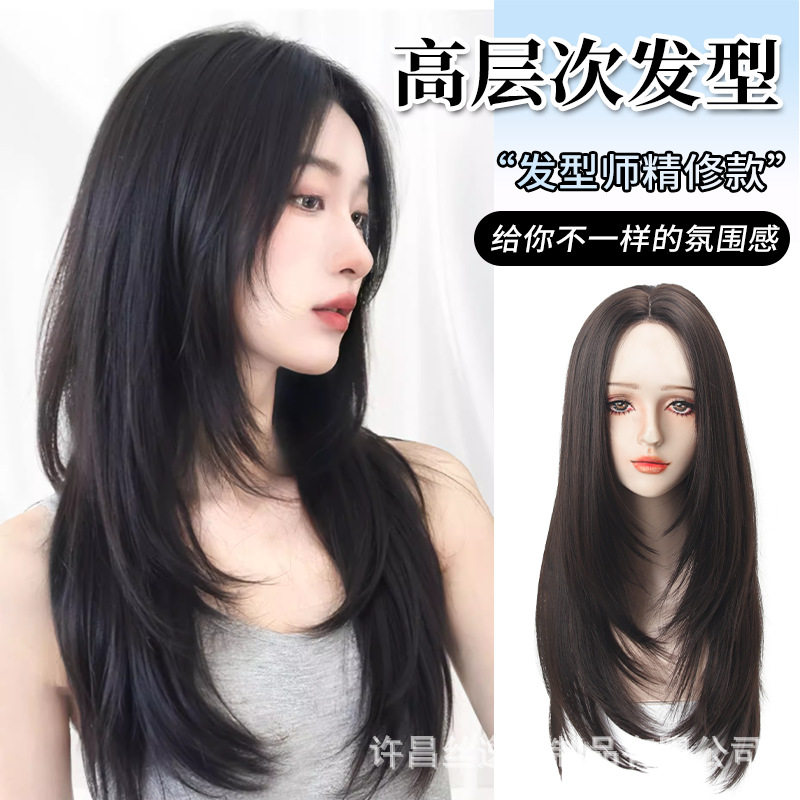 现货直销前额手织中分高层次仿真大头皮长直自然层次碎发微卷头套