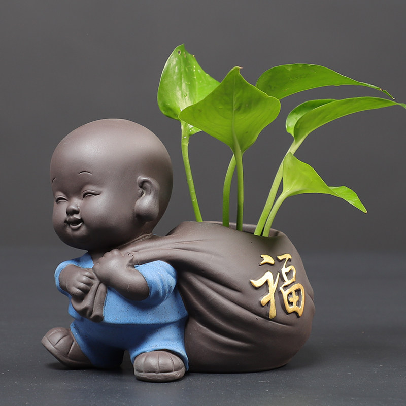 陶瓷小和尚花器摆件禅意茶道水培花盆水养植物室内招财桌面摆件