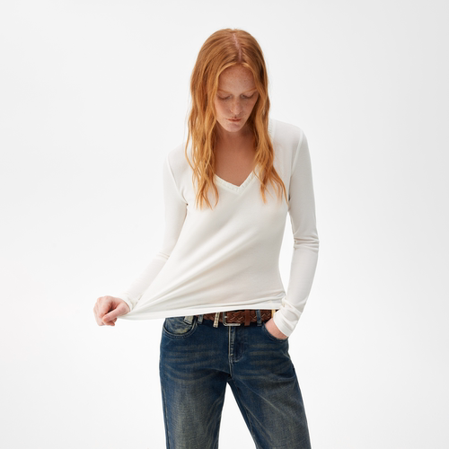 REDOLENCE褶皱V领收腰女长袖T恤