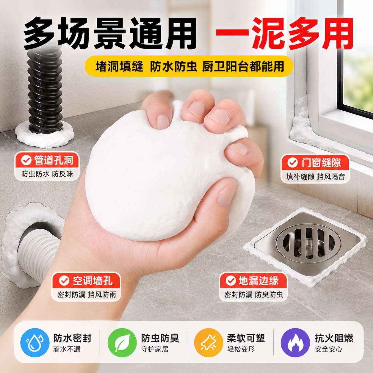 密封胶泥家用空调堵洞泥下水道防臭防虫墙孔封堵防水防鼠填缝泥