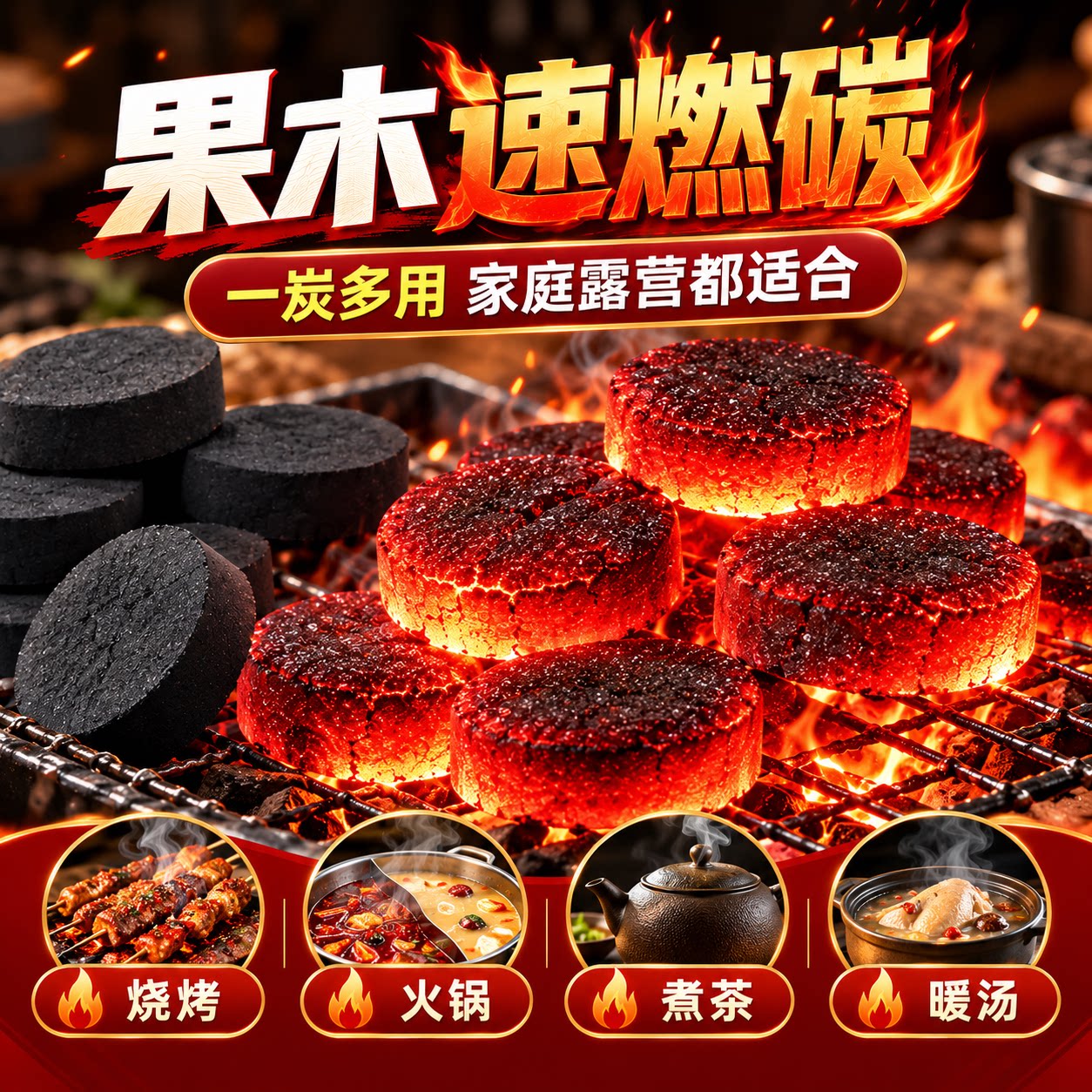 无烟速燃烧烤炭果木炭易燃碳家用火锅煮茶户外竹炭烧烤专用木炭