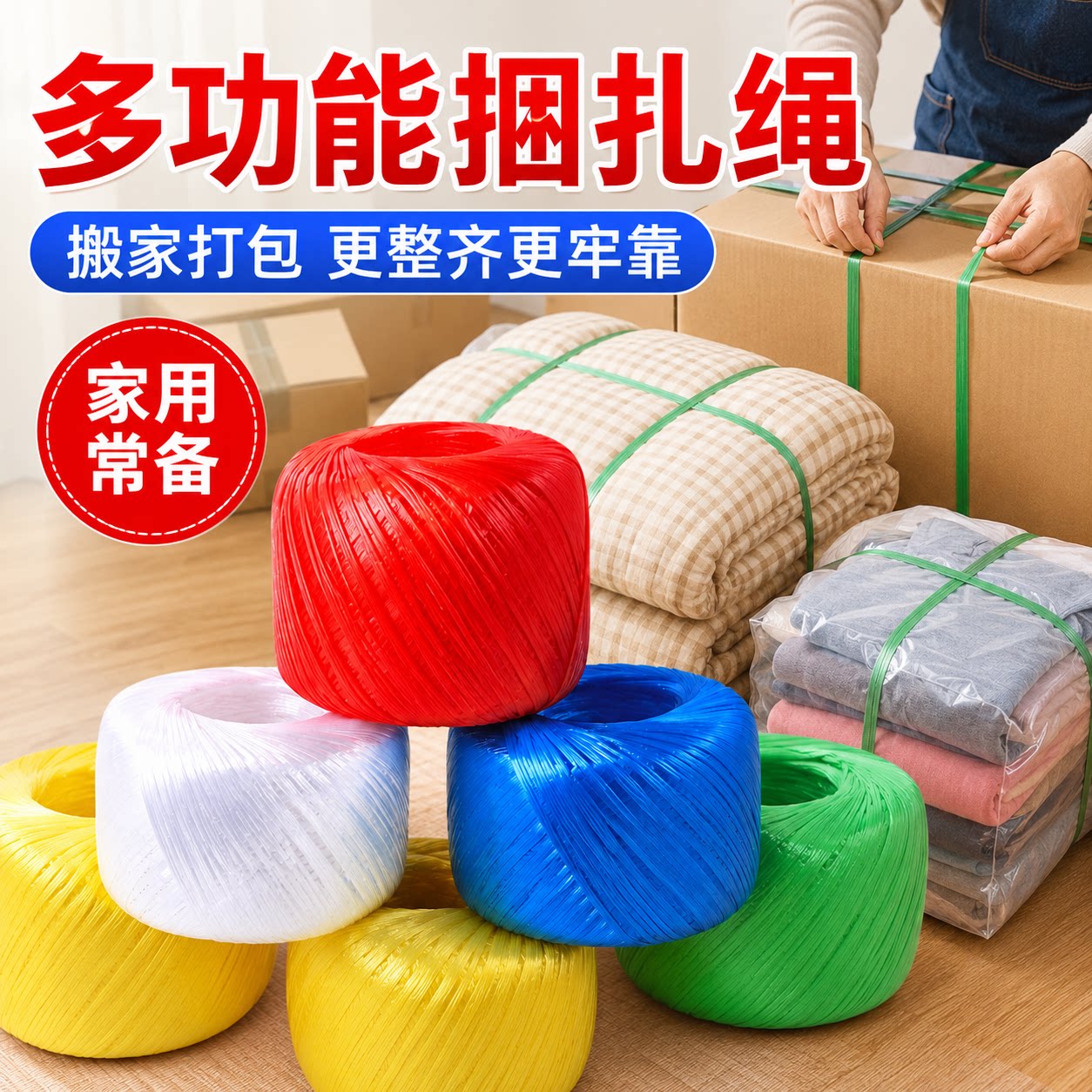 全新料 PP 捆扎绳塑料草球尼绒绳彩色防滑撕裂打包带家用捆绑绳