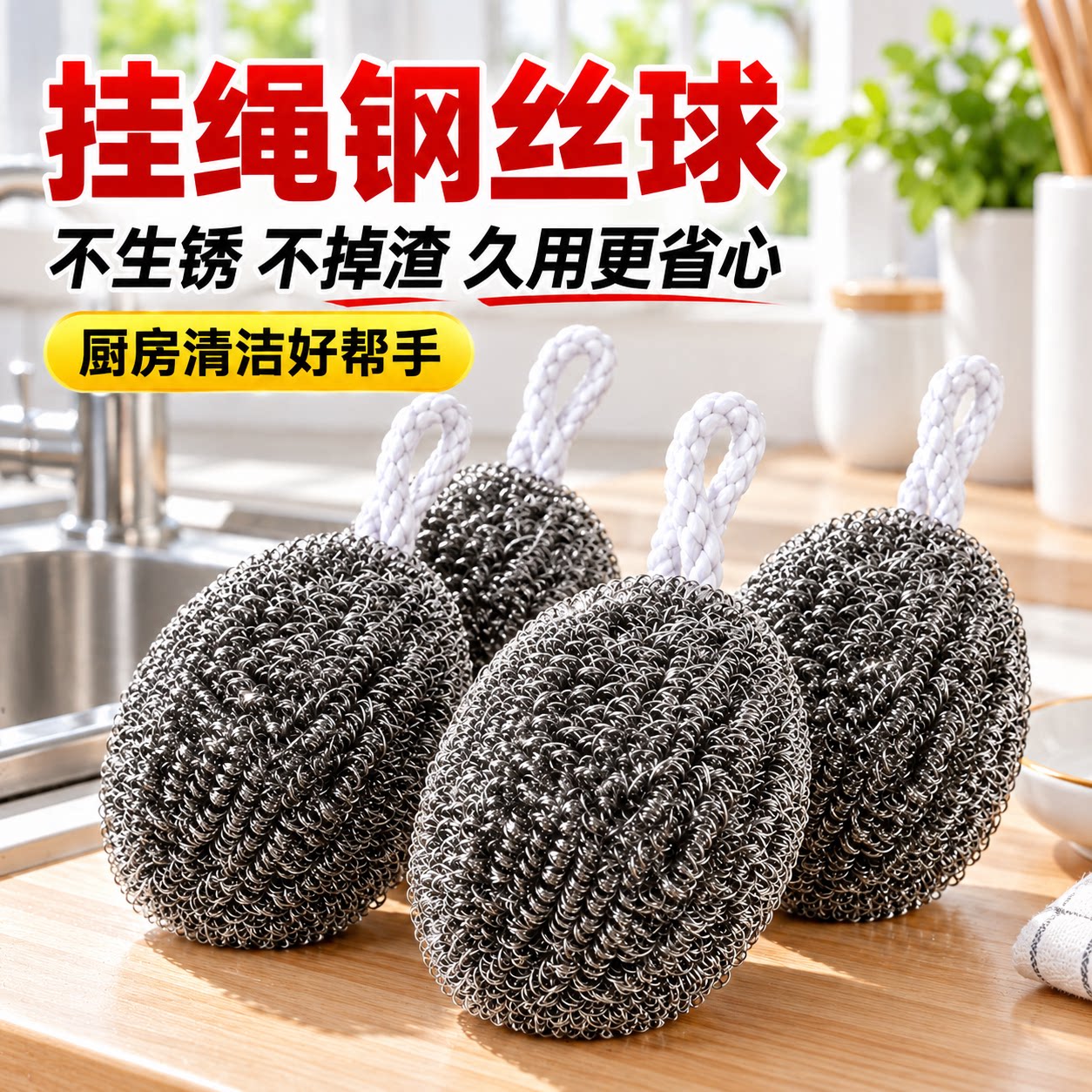 不掉丝不生锈不锈钢钢丝球自带挂绳家用厨房刷铁锅洗碗清洁神器