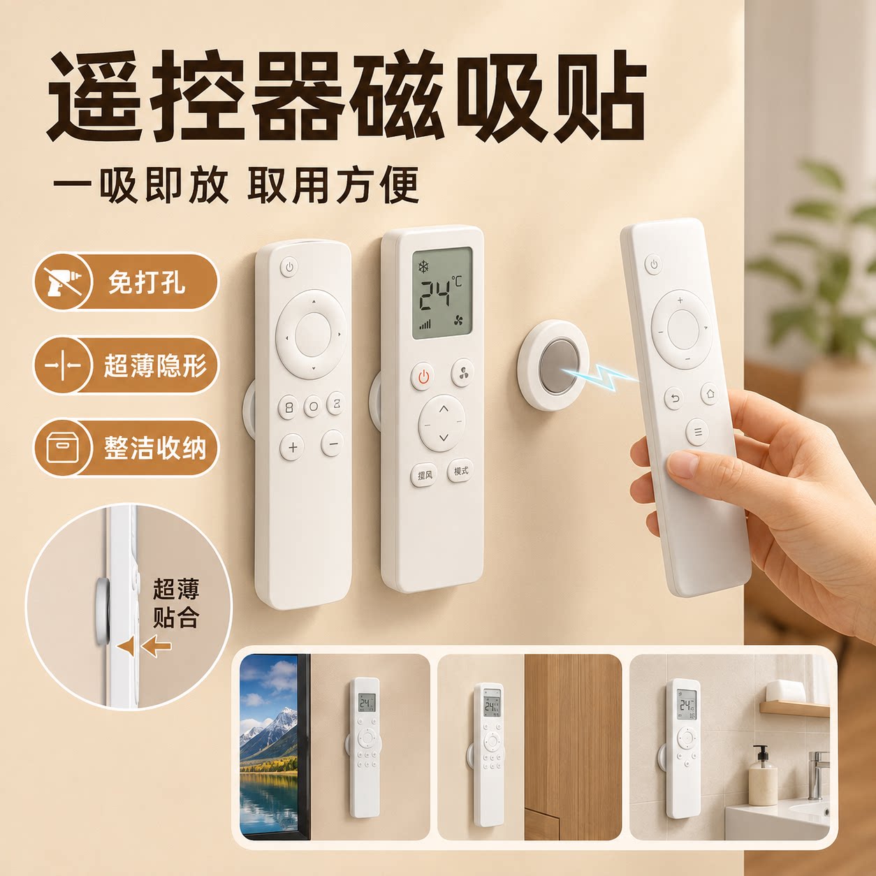 磁吸贴免打孔壁挂插线板固定器