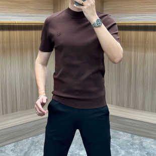 高端秋冬季打底衫短袖毛衣男士休闲针织半袖圆领纯色百搭轻奢上衣