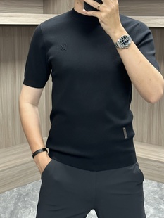 欧洲站羊毛针织短袖男2025秋冬休闲半袖圆领纯色百搭打底衫毛衣